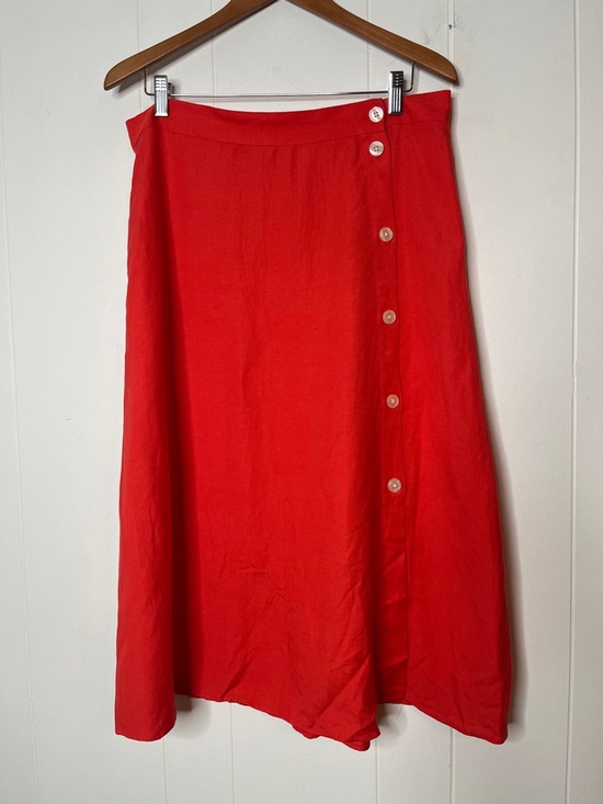 LOFT Dresses & Skirts - LOFT Coral Pink A-Line Asymmetric Button-Front Midi Skirt Size 12 Linen Blend